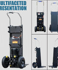 Heavy-Duty Electric Stair Climber Hand Truck With 400kg Load And 1200W Brushless Motor, showcasing front and back views, removable battery and wheels.