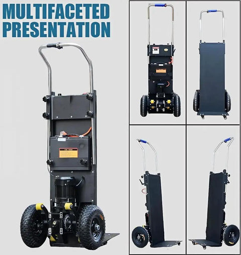 Heavy-Duty Electric Stair Climber Hand Truck With 400kg Load And 1200W Brushless Motor, showcasing front and back views, removable battery and wheels.