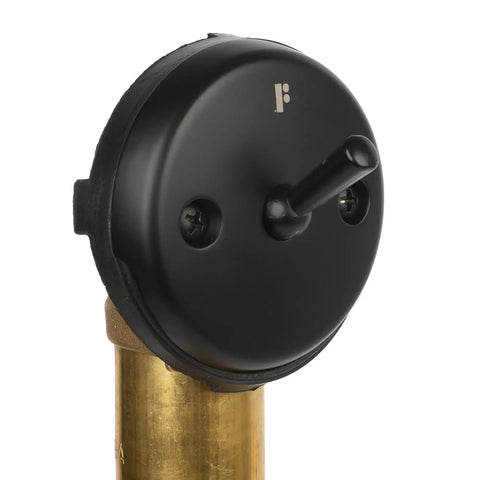 Fresh Matte Black Bathtub Drain Kit Boasting Slick Trip Lever Overflow With Premium 20 Gauge Brass Tubing showing top view of trip lever assembly