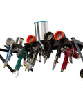 Eight Gun Shelf With Magnetic Mount For Spray Guns And Blowers, holding multiple spray guns with metal and plastic cups