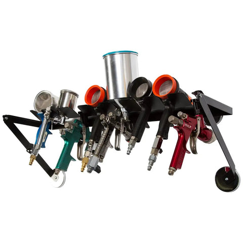 Eight Gun Shelf With Magnetic Mount For Spray Guns And Blowers, holding multiple spray guns with metal and plastic cups