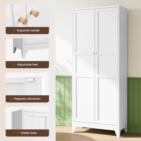 Badass Heavy Duty Metal Storage Cabinet With Two Doors And Four Expansive Shelves, Slick White Farmhouse Pantry Organizer For Kitchen, Garage Or Basement Area, featuring exquisite handles and adjustable feet.
