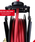 Tough Steel Dual Arm Air Hose Reel Boasting Smooth Auto Retractable Hookup And Crack Proof Epdm Rubber Tubing That Shuts Down Kinks And Ice Jam Issues While Dishing Out Solid 300 Psi Power For Shop Gear And Daily Grind Jobs with red air hose.