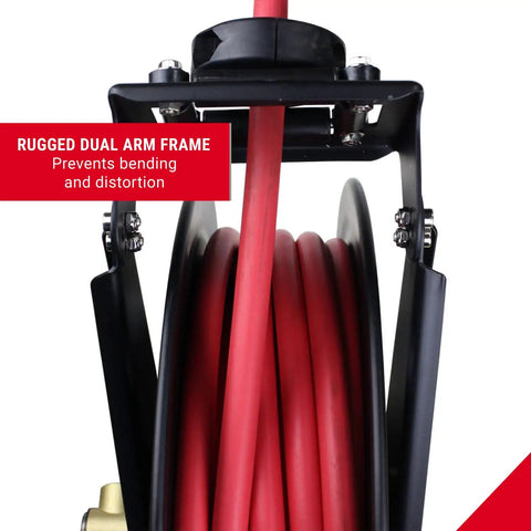 Tough Steel Dual Arm Air Hose Reel Boasting Smooth Auto Retractable Hookup And Crack Proof Epdm Rubber Tubing That Shuts Down Kinks And Ice Jam Issues While Dishing Out Solid 300 Psi Power For Shop Gear And Daily Grind Jobs with red air hose.