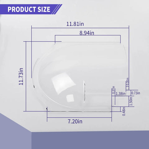 Top Shelf Crystal Clear Direct Fit RV Screen Door Plexiglass Slider Replacement Panel For Dexter Right Hand Bubble Style Window size dimensions on white background.