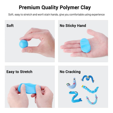 Hands showcasing Polymer Clay Kit With 116 Colors For Oven Bake Modeling, demonstrating softness, flexibility, and no cracking.