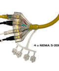40Ft L14-30P To Four 5-20R Generator Distribution Extension Cord with NEMA 5-20R outlets, yellow 10 gauge SJTW cable visible