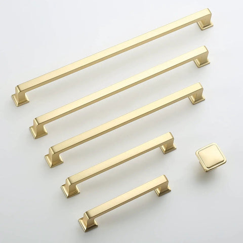 Ten Pack 7.5 Inch Brushed Brass Cabinet Pulls Gold Tone Handles For Multiple Cabinets With Two Screw Sizes, Individually Wrapped shown on white