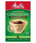 Melitta #2 Cone Coffee Filters packaging, Natural Brown, micro-perforations, 100 count, for 2-6 cup makers, compostable, premium quality.