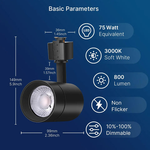 Specifications for 12W LED J Type Track Lighting Heads, 75W Equivalent, 3000K Soft White, 800 Lumens, CRI90, Dimmable, Black Finish