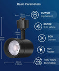 12W LED J Type Track Lighting Heads For Accent Lighting And That Vibe, 75W Equivalent, 3000K Soft White, black fixture, specs diagram