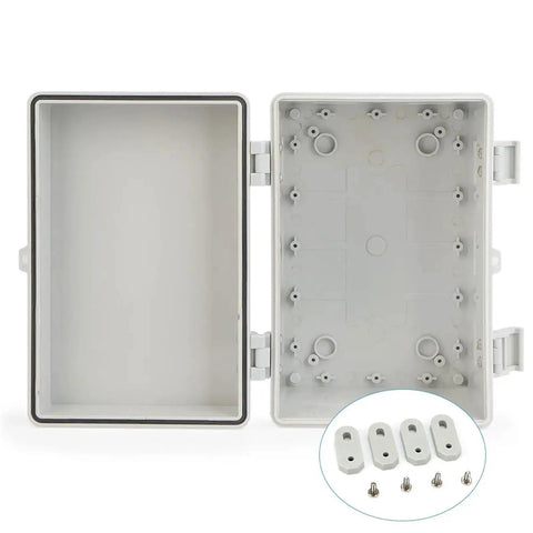Outdoor Waterproof Electrical Junction Box With Sealed Power Distribution Enclosure And Hasp Locking Mechanism Heavy-Duty ABS Weatherproof Box Built To Take A Beating In Real-World Outdoor Electrical Setups., open ABS enclosure with gasket seal and mounting hardware