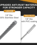 Comparison of 4 Pack Stage Light Safety Cables With Loops And Snap Hooks, 2 Ft Long, 1/8 Inch Diameter, Premium 304 Stainless Steel Rigging Cables Not Coated vs. coated cables