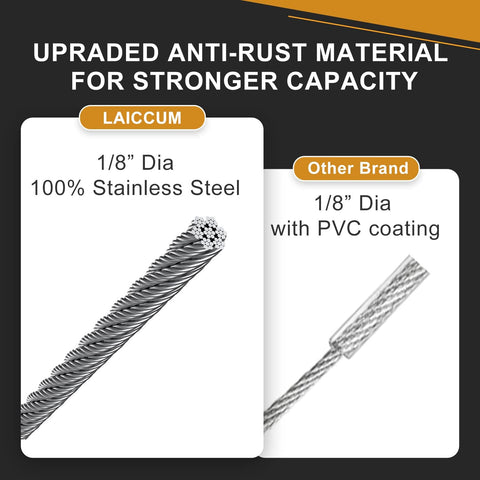 Comparison of 4 Pack Stage Light Safety Cables With Loops And Snap Hooks, 2 Ft Long, 1/8 Inch Diameter, Premium 304 Stainless Steel Rigging Cables Not Coated vs. coated cables