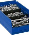 Rugged Heavy Duty Plastic Shelf Bins For Garage And Home Organization Durable Storage Bins For Closet And Drawer 12 By 6.5 By 4 Inches Blue 12 Pack filled with nuts and bolts
