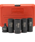 Heavy Duty 5 Piece 12 Point Socket Set 1/2 Drive for Axle Nut and Lug Nut Removal with red case, Cr-Mo, Black Oxide Finish