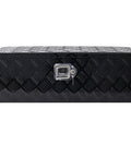 Steel storage box with a textured black exterior and locking mechanism for secure storage.