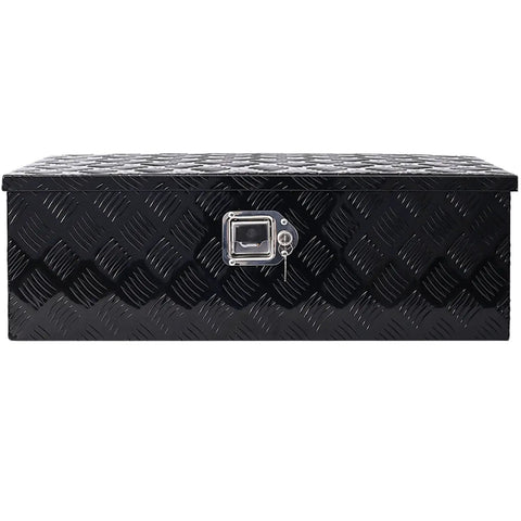Steel storage box with a textured black exterior and locking mechanism for secure storage.