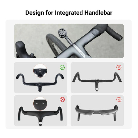 Top view of Out Front Bike Computer Mount MT6S Extended Handlebar Mount for aero setups on integrated handlebars with examples.