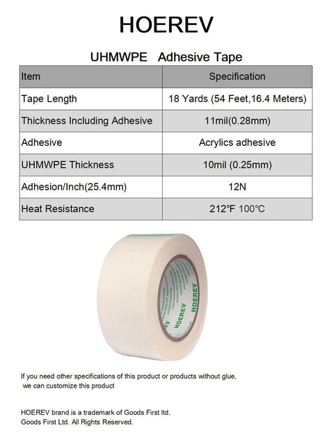 Low Friction Drawer Glide Tape For Smooth Drawers And Cabinets, 18 yards, UHMWPE adhesive tape roll shown with specifications chart