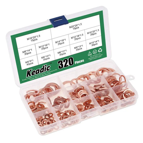 Copper Washers Set 320 Pieces Assorted Sealing Washers For Automotive Use Eight Metric Sizes M6 To M20 Crush Washers Flat Ring Gasket Kit For Sump Plug And Oil Seal in a labeled case