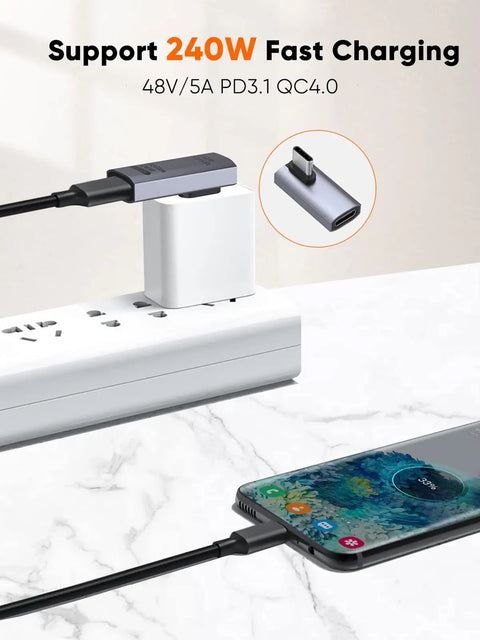 90 Degree Right Angle USB C Adapter, USB C Male To Female, 40Gbps 240W Fast Charging, plugged into power strip and charging phone