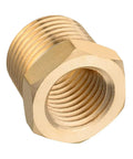 Brass reducer hex bushing, close-up view, 1 in NPT male to 3/4 in NPT female threads for piping
