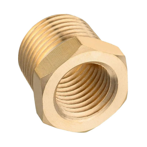 Brass reducer hex bushing, close-up view, 1 in NPT male to 3/4 in NPT female threads for piping