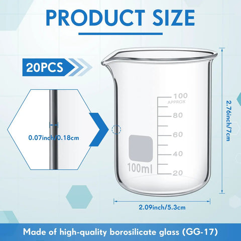 Close-up of a 100 mL glass beaker from 20 Pack 100 mL Glass Beaker Set Heavy Duty Lab Beakers With Printed Graduation For Lab Classrooms Or Home Use High Borosilicate Glass Durable Thick Wall And Clear Graduation Markings Bulk 20 Pieces showing height and diameter measurements.