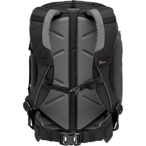 Back view of Pro Trekker BP 350 AW II Outdoor Camera Backpack with padded straps, black and dark gray, travel-ready carry on size