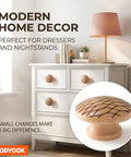 Handmade Mushroom Wood Cabinet Knobs 4 Pack With Unique Engraved Patterns on white dresser in modern decor