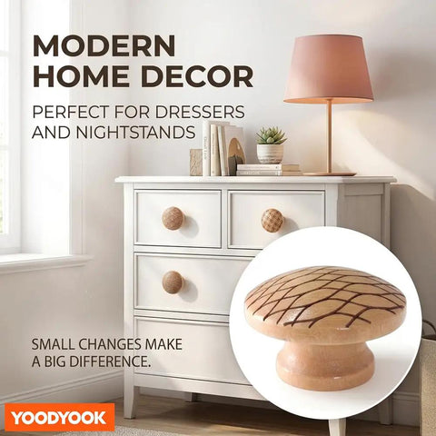 Handmade Mushroom Wood Cabinet Knobs 4 Pack With Unique Engraved Patterns on white dresser in modern decor