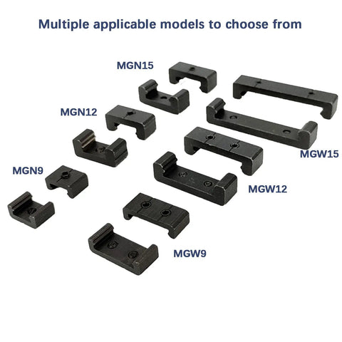 Black steel blocks for linear rails, various models including MGN12, MGW12, and MGN9, shown in multiple sizes and shapes.