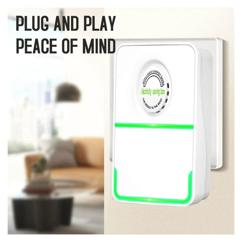 3 Pack Energy Saving Electricity Device With Smart Voltage Stabilizer Surge Protector, compact plug design in a living room.