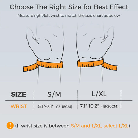 Size chart for Wrist Brace for Carpal Tunnel Relief Night Support With Maximum Stabilization and Three Stays, S/M and L/XL sizes.