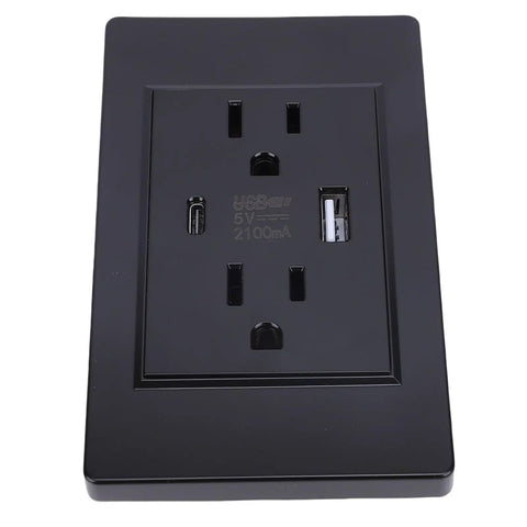Heavy Duty Wall Outlet With Usb And Type C Port 15A PC flame retardant electrical receptacle in black finish.