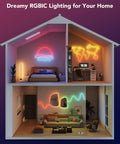 RGBIC Neon Rope Lights 32.8Ft With 64 Presets, Flexible Softer Material displayed in bedroom and living room for vibrant decor.
