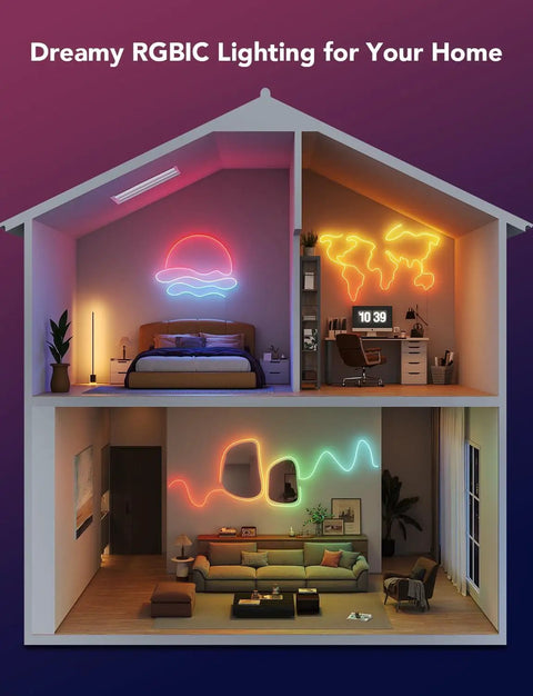 RGBIC Neon Rope Lights 32.8Ft With 64 Presets, Flexible Softer Material displayed in bedroom and living room for vibrant decor.