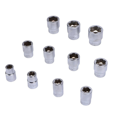 Eleven Piece Three Eighths Inch Drive Impact Extraction Socket Set For Damaged Rusted Rounded Bolts Nuts And Screws CR MO Alloy