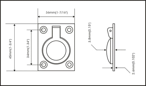 Technical diagram of Solid Brass Flush Ring Pull Handle 36.5 By 45 Millimeters Matte Black Finish, showing dimensions and side view.