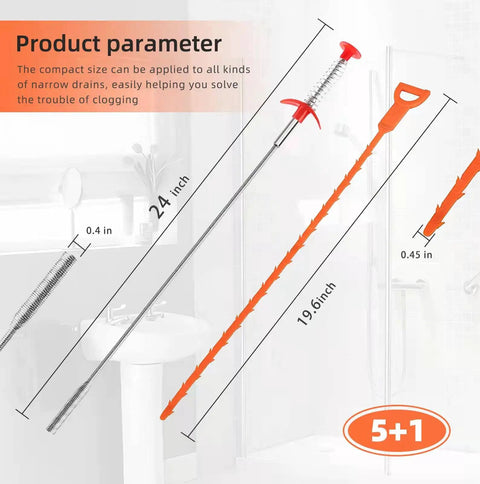 6 Pack Hair Drain Clog Remover Tools Kit With Plastic Sticks And One Stainless Steel Cleaner for unclogging sinks and tubs