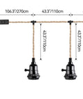 Three Light Plug In Pendant Fixture Built Different Hemp Rope Wire Hanging Lamp Fly Setup For Kitchen Island Living Room Decor Lowkey Modern Vibe Safe UL Certified Sockets Long Reach Cord dimensions and components diagram