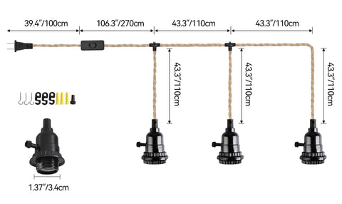 Three Light Plug In Pendant Fixture Built Different Hemp Rope Wire Hanging Lamp Fly Setup For Kitchen Island Living Room Decor Lowkey Modern Vibe Safe UL Certified Sockets Long Reach Cord dimensions and components diagram