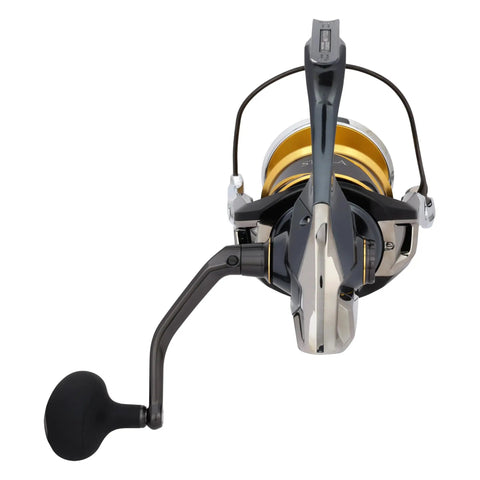 Front view of the Stella SW D Spinning Reels With XX Tough Drag Technology for saltwater fishing, showing handle and spool design.