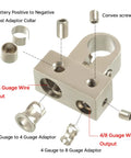 Solid Brass Battery Terminals For Car Audio Upgrades with outputs for 0/2/4 and 4/8 gauge wire for power transfer.