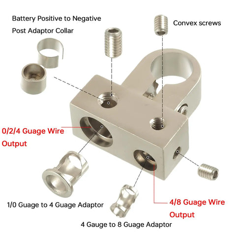 Solid Brass Battery Terminals For Car Audio Upgrades with outputs for 0/2/4 and 4/8 gauge wire for power transfer.