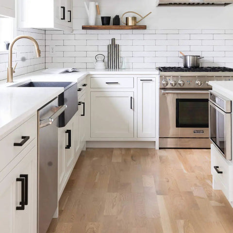 Modern white kitchen with Six Pack Black Stainless Steel T Bar Kitchen Cabinet Door Pull Handles, 3.5 Inch Center To Center, 4 Inch Overall Length, Matte Finish, Fits 12mm To 40mm Thick Doors, Great For Cabinets And Dressers