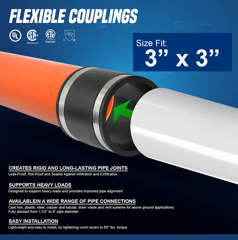 Flexible DWV Piping Coupling 3 Inch Black For Cast Iron Copper Plastic And Schedule 40 Steel, Leak Proof Rot Proof Sealed Connector For Non Pressure Drain Waste And Vent System joining two pipes