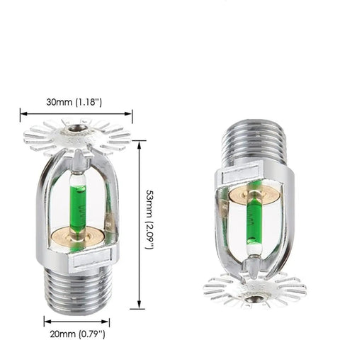 Pendent Fire Sprinkler Heads 5 Pack Half Inch Thread Quick Response 199 F Nickel Plated Copper With Wrench No Sweat Install, side view showing details.