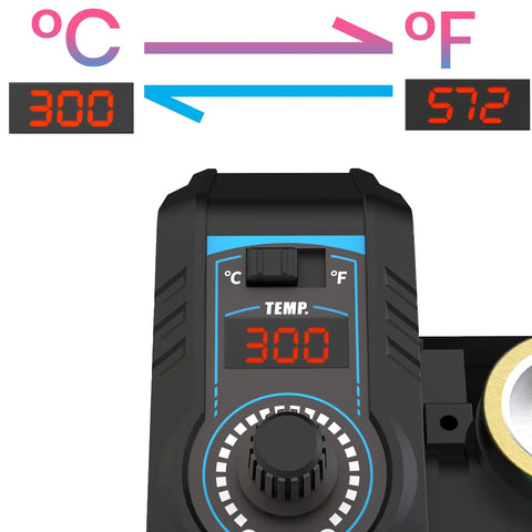 Close-up of 926LED V3 Beginner Friendly 60W Soldering Station Kit With Temperature Control display showing temp settings in black